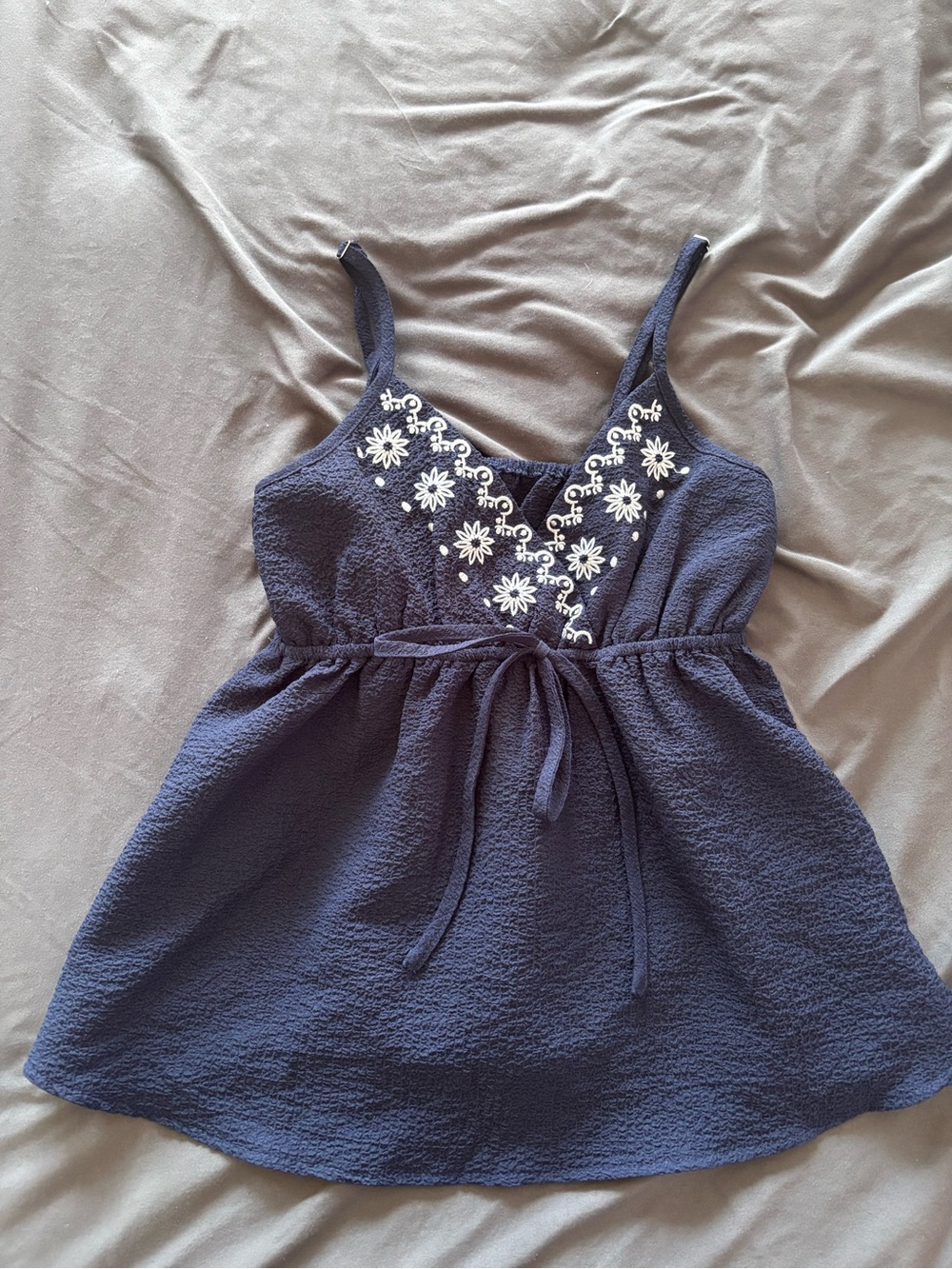 Navy Floral-Embroidered Spaghetti Strap Camisole